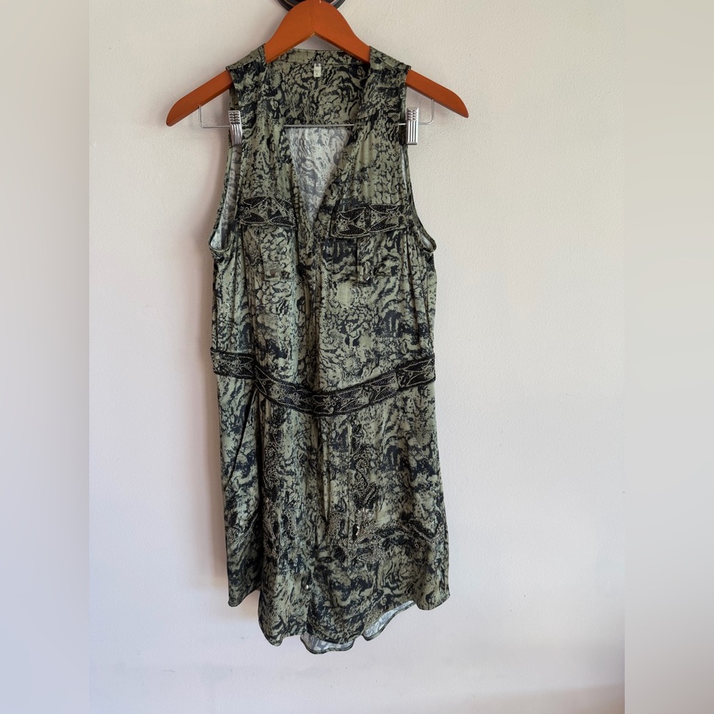 Haute Hippie Olive‎ Green Beaded Abstract Print Sleeveless Romper Size 6